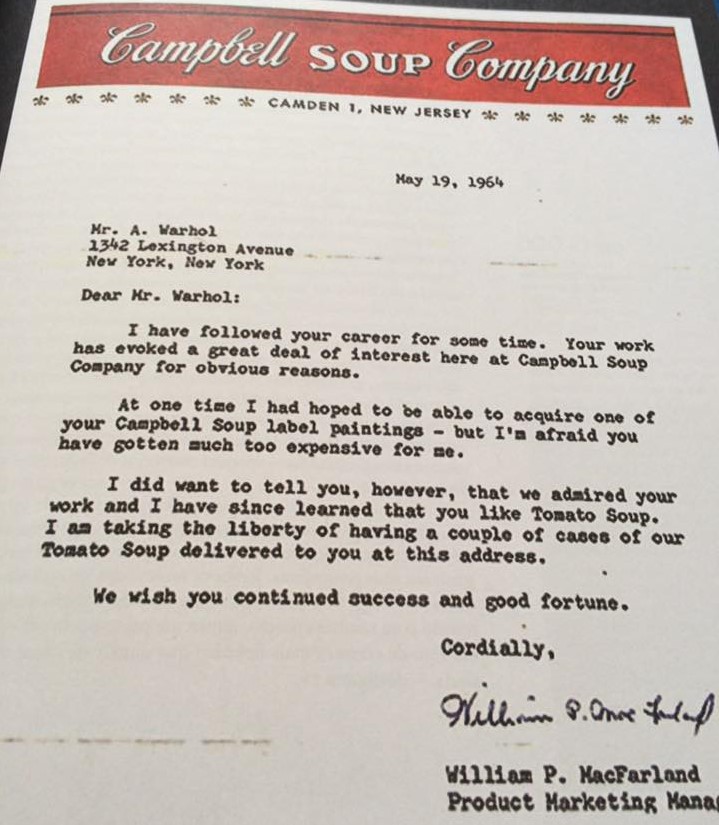 Carta enviada pelo gerente de produto da marca Campbell para o artista mais importante da pop art, Andy Warhol (reprodução de Cartas Extraordinárias)